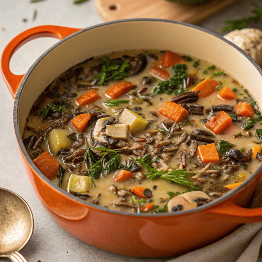 A full bowl of creamy autumn wild rice soup with vegetables and herbs.