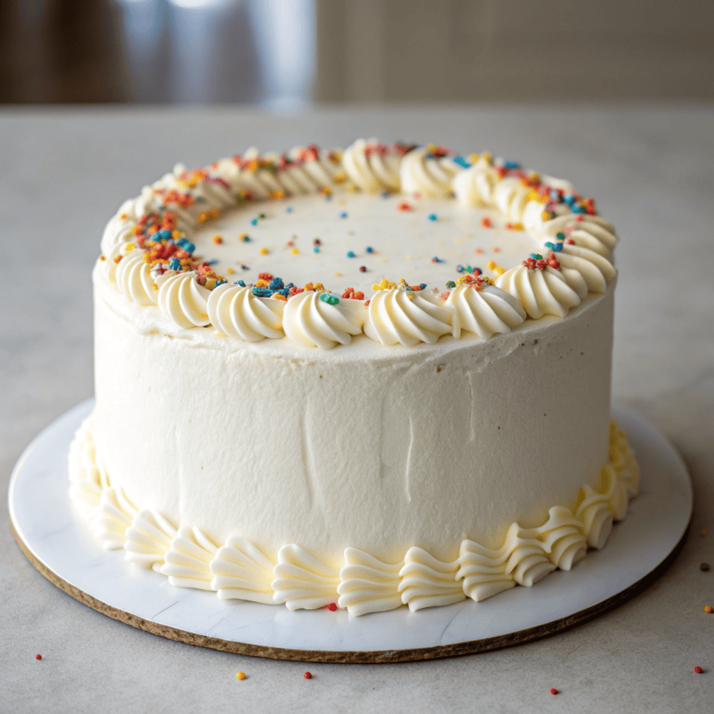 Whole French butter cake with white frosting and rainbow sprinkles on top.