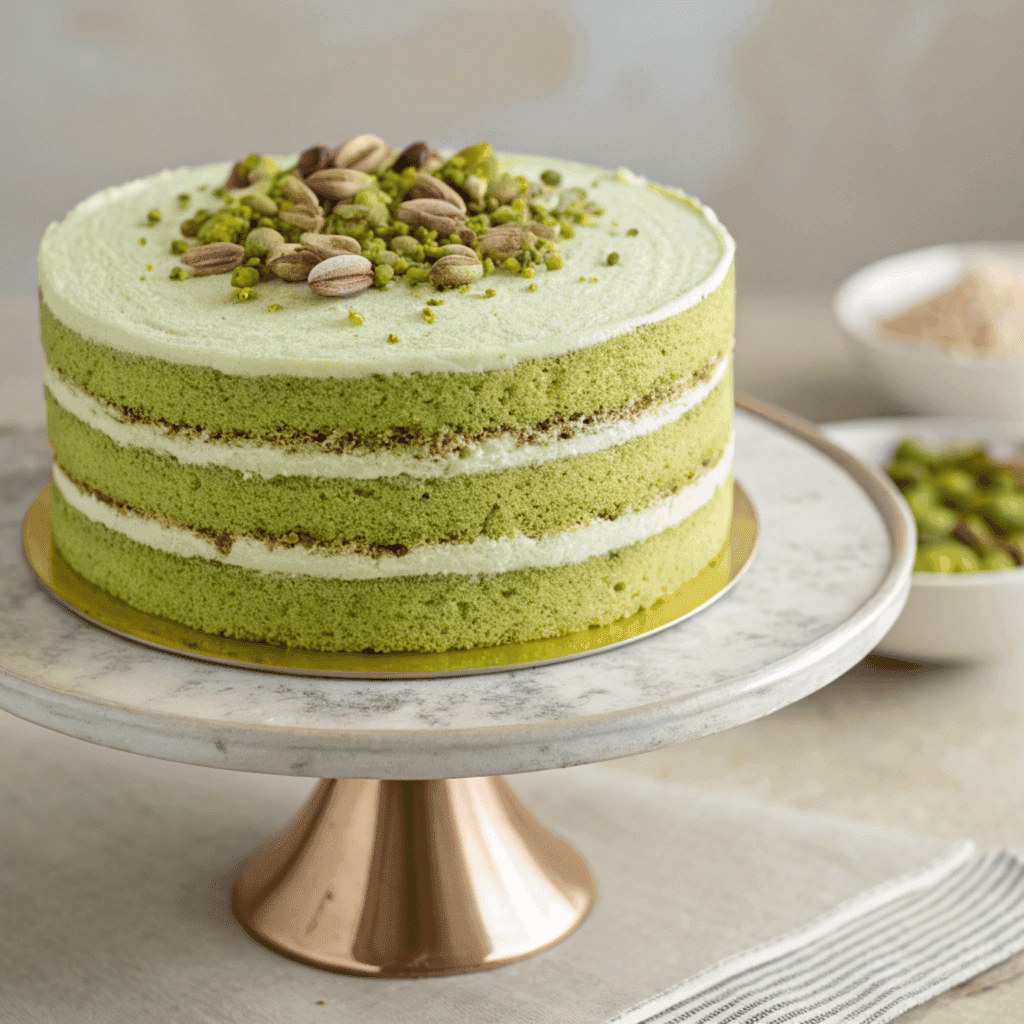 Whole pistachio mascarpone layer cake with green sponge and cream frosting.