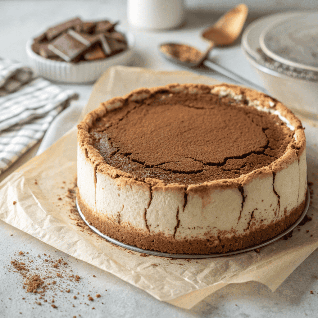 Whole tiramisu Basque cheesecake with mascarpone topping and cocoa powder.