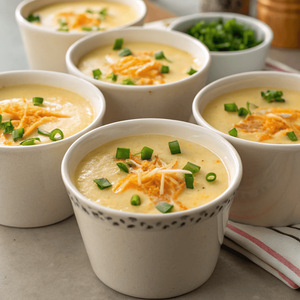 Several cups of garlic cheddar cauliflower soup garnished with green onions.