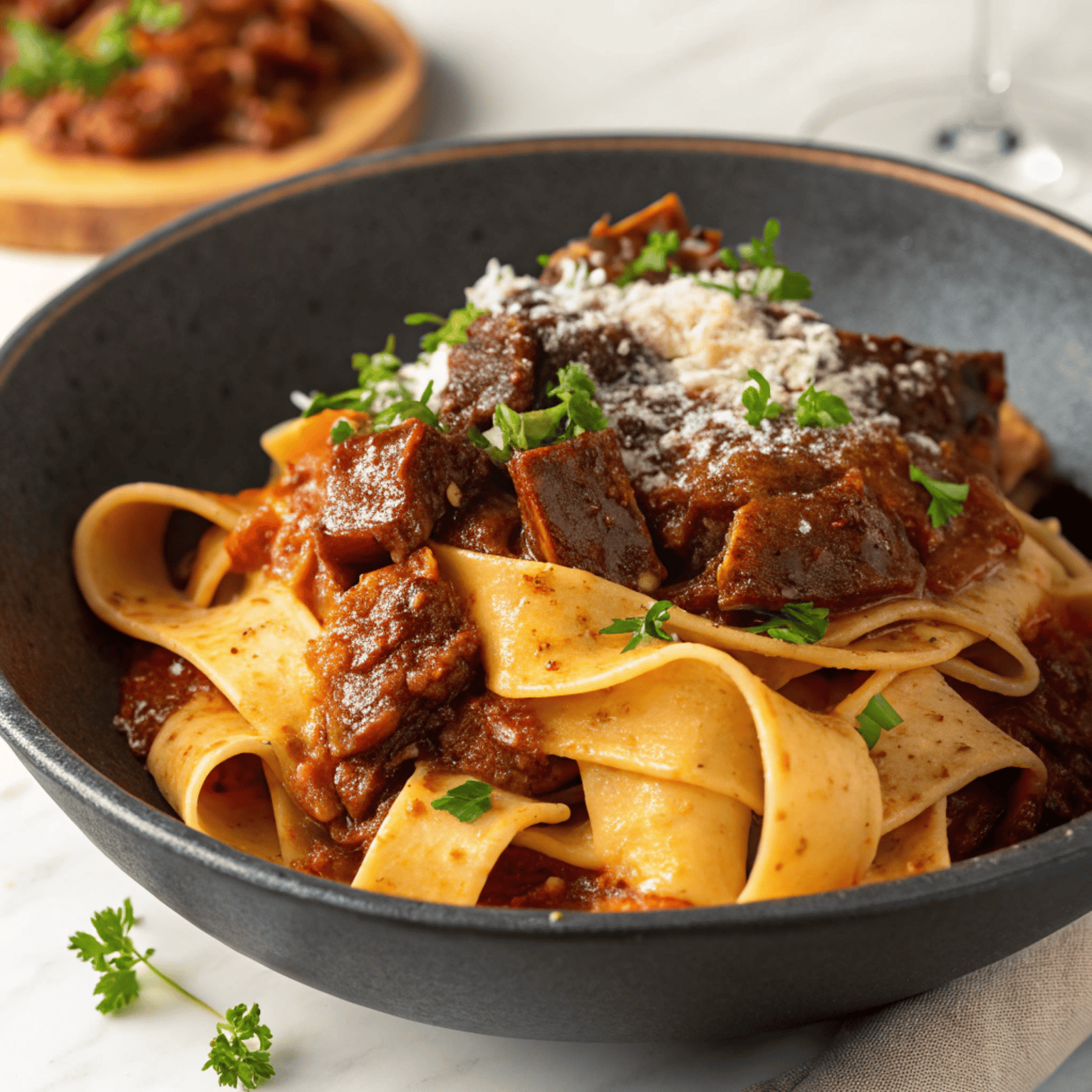 Pappardelle with rich short rib ragu, parmesan, and parsley in a dark bowl.