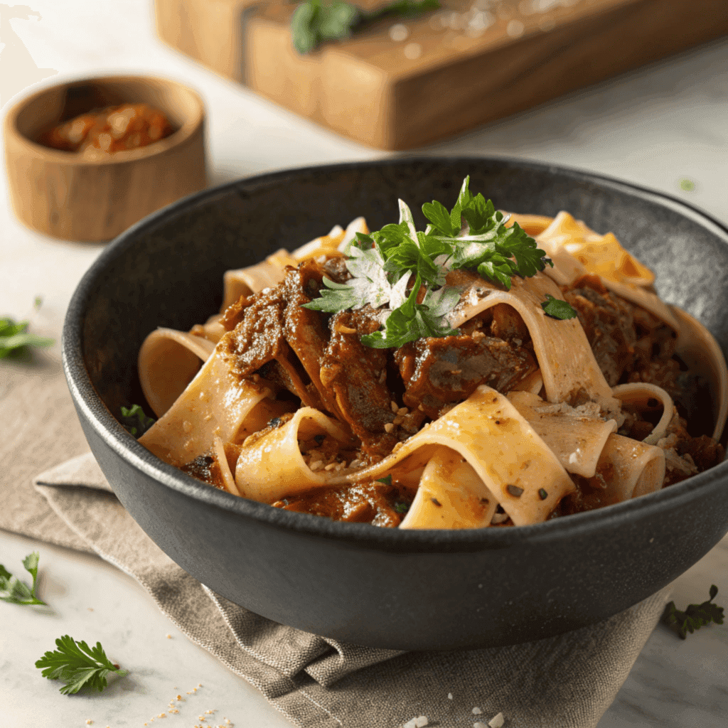 Short rib ragu pappardelle from a slightly different angle with the same garnishes and textures.