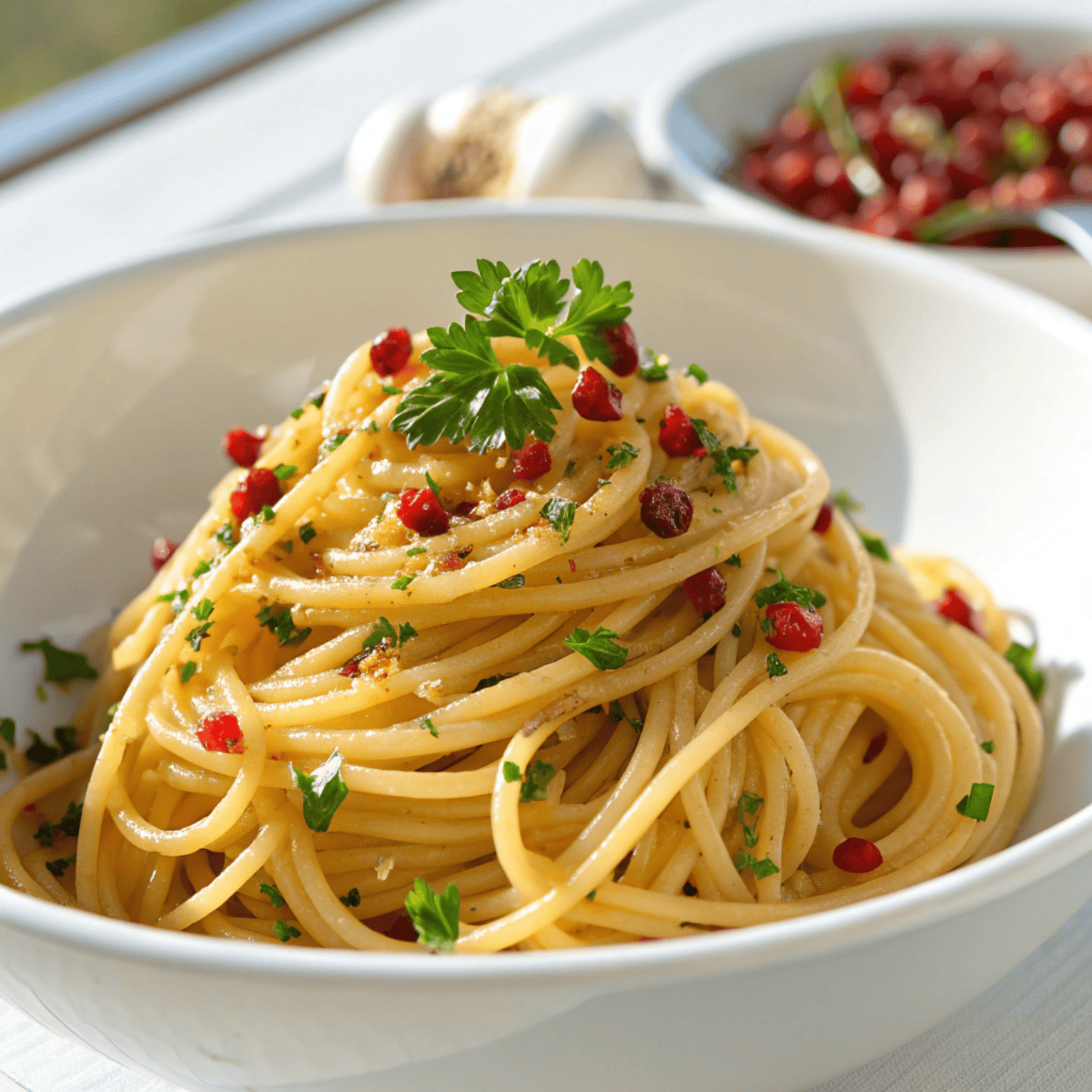 Pasta with Garlic Olive Oil Sauce – Classic Aglio e Olio Recipe 4 Bowl of spaghetti in garlic olive oil sauce with parsley and red pepper flakes.