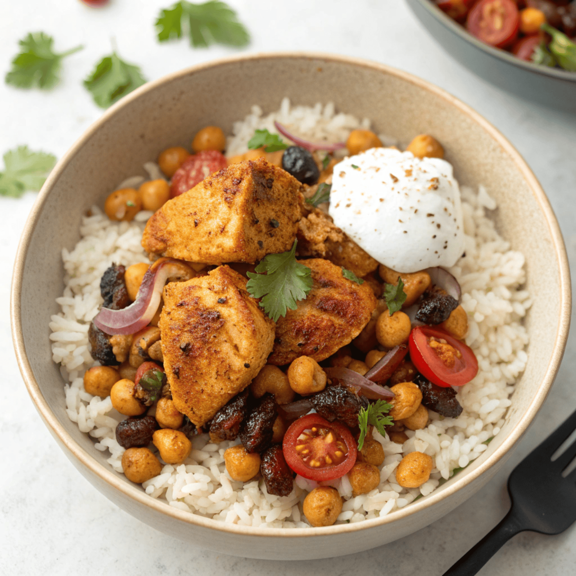 Syrian style chicken with chickpeas, tomatoes, dried fruit, yogurt, and cilantro served over rice.