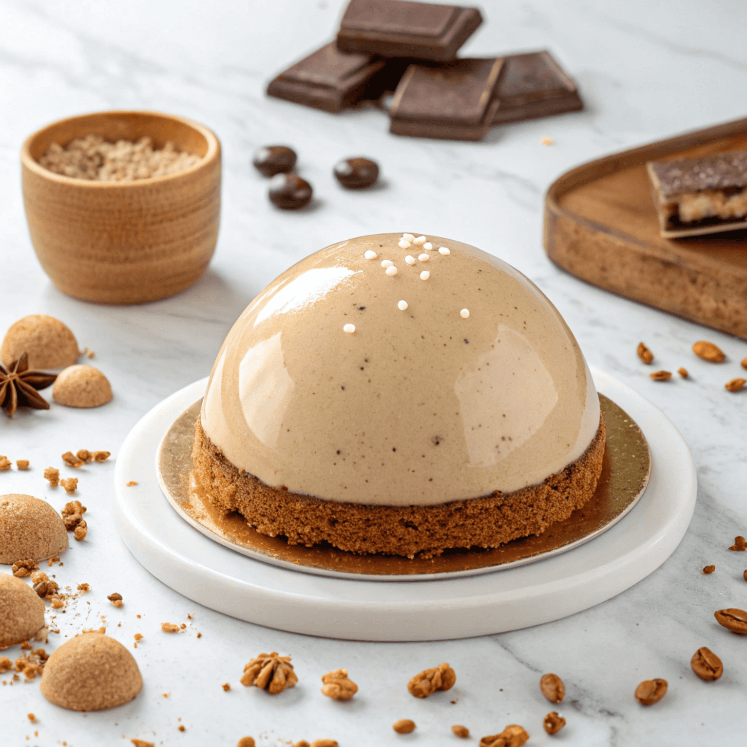 Gingerbread latte mousse dome with glossy glaze and a large bite showing the airy mousse interior.