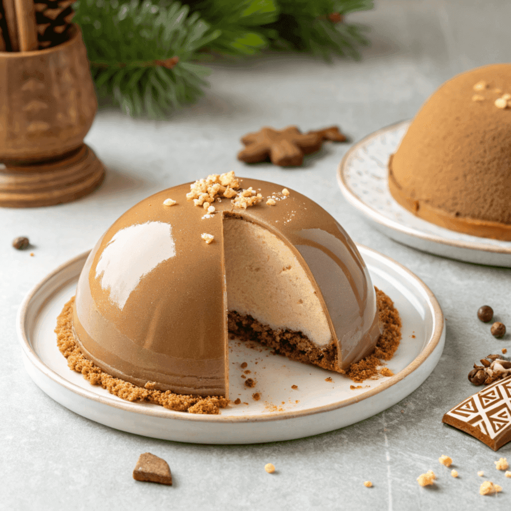 Gingerbread latte mousse dome on a plate showing its bite-reveal mousse interior and gingerbread base.