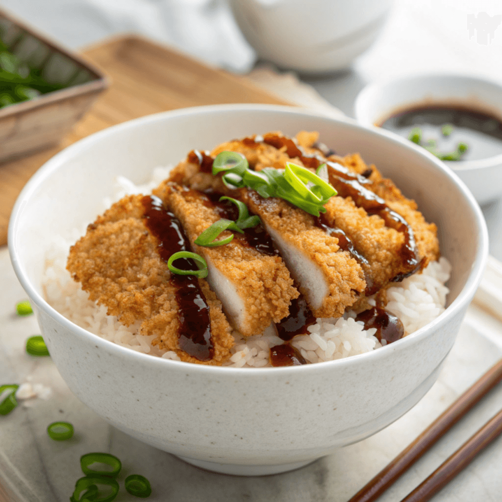 Chicken katsu bowl from a slightly different angle with sauce and green onions.
