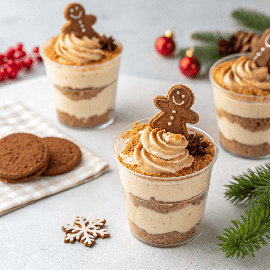 Layered no-bake gingerbread cheesecake cups on a tray showing crust, filling, and gingerbread man toppers.
