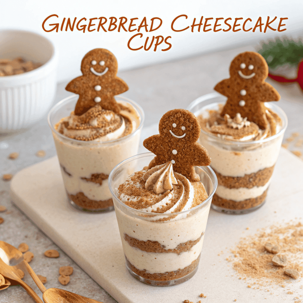 Gingerbread cheesecake cups from a slightly different angle with the same toppings and textures.