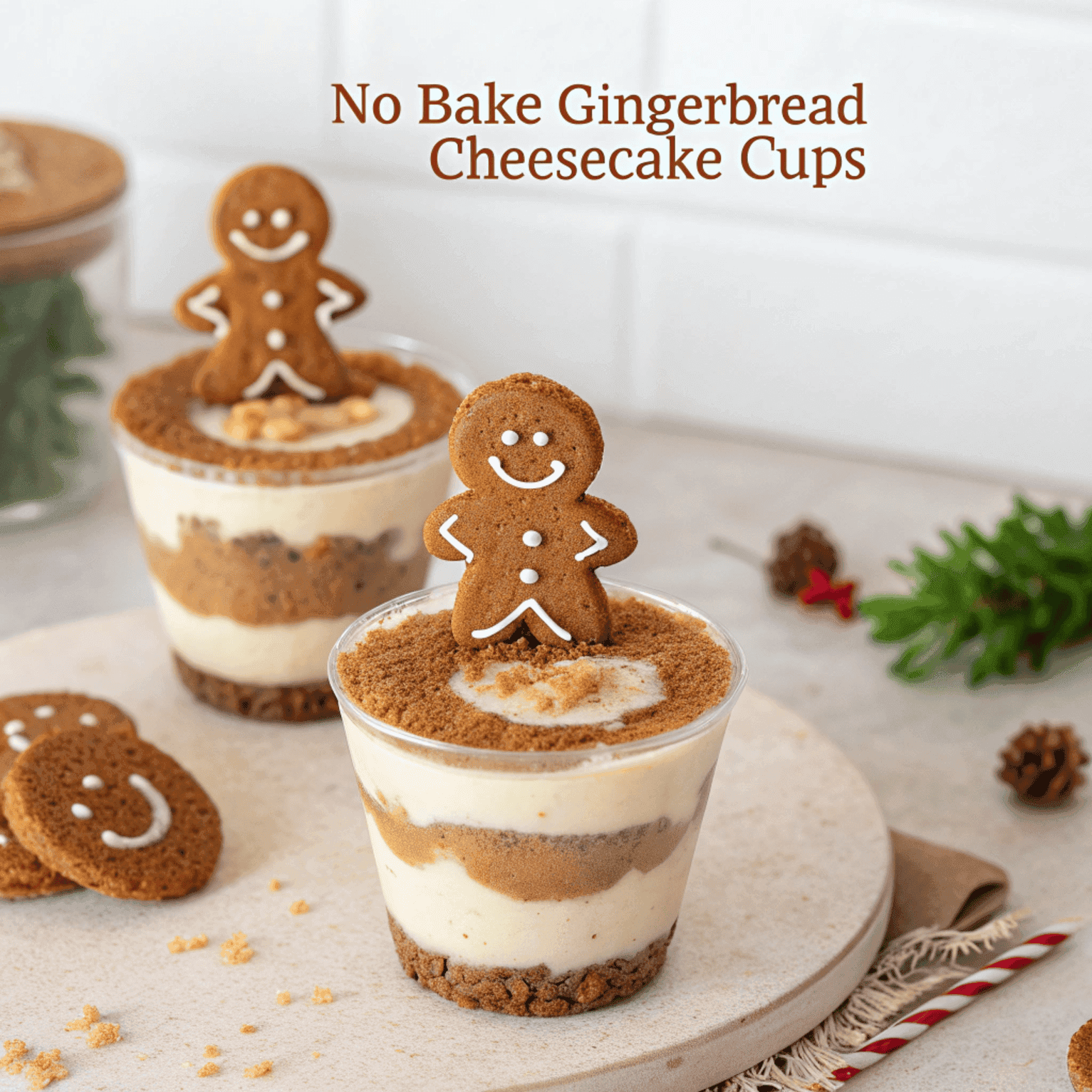 No-bake gingerbread cheesecake cups with gingerbread crust, piped topping, and gingerbread man cookies.