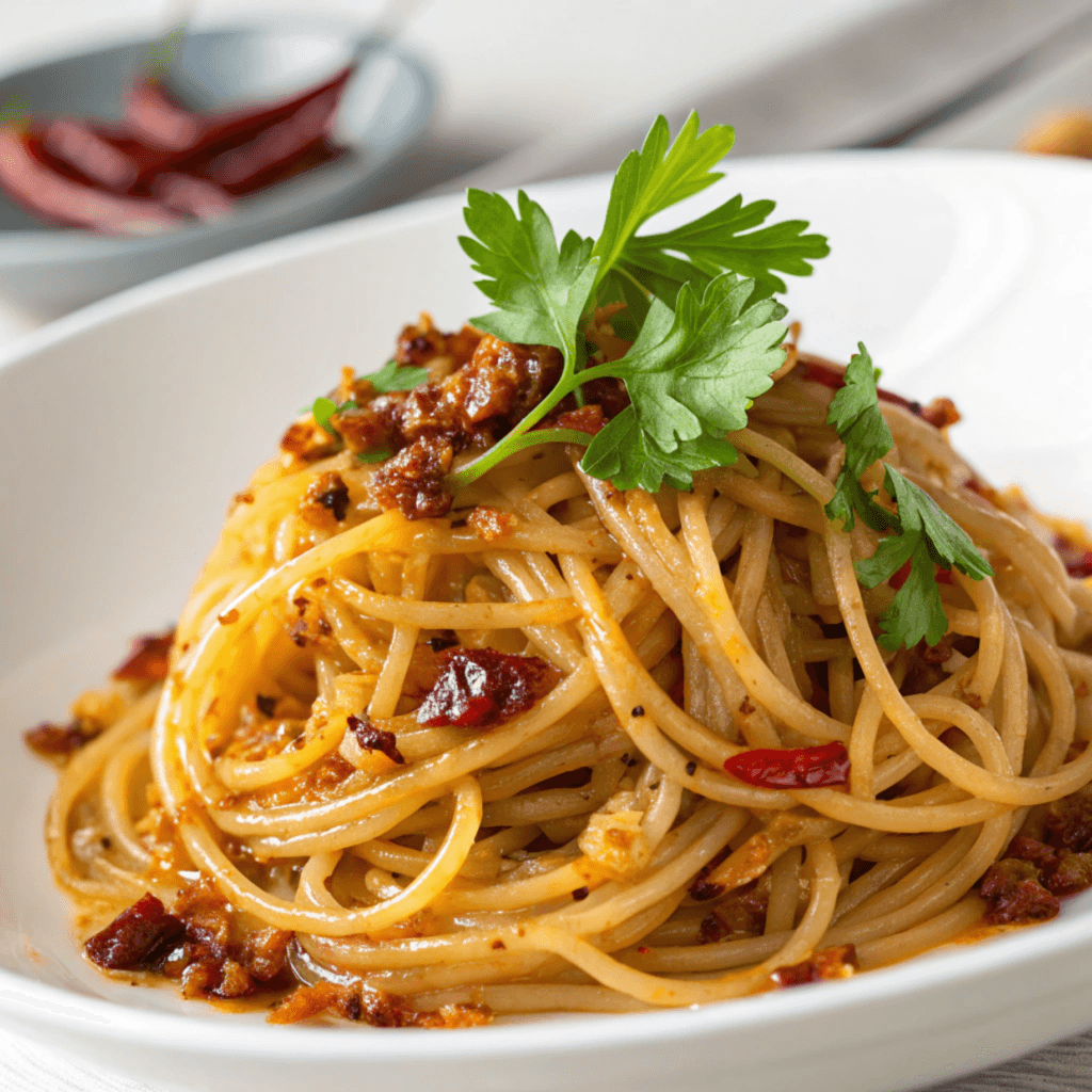 Onion chili oil spaghetti from a slightly different angle showing noodles, onions, and chili flakes.