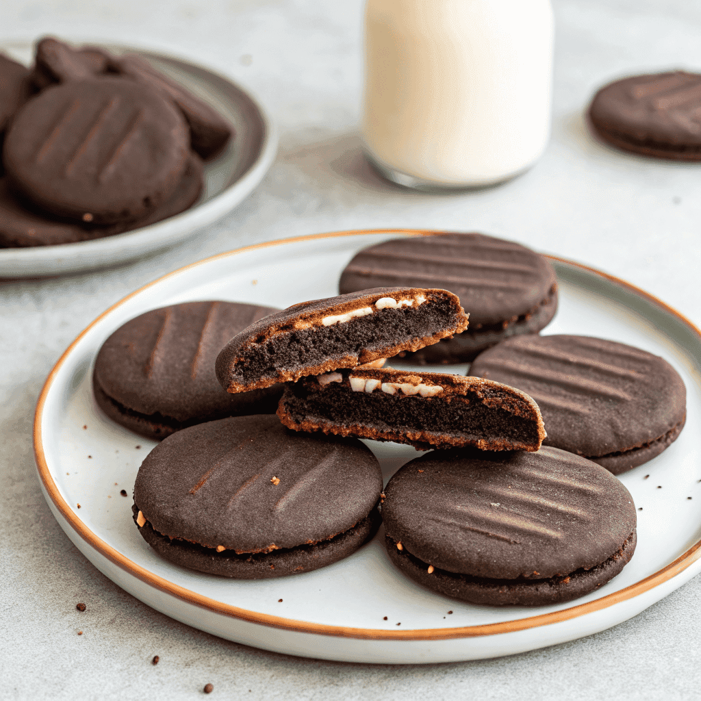 Fully baked chocolate shortbread cookies arranged neatly in a clean, well-lit setting.