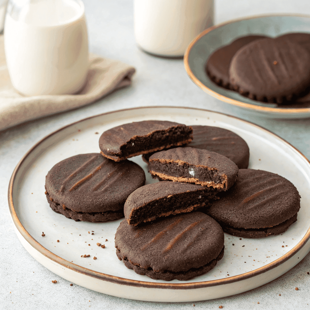 Chocolate shortbread cookies arranged on a plate with the same dark cocoa texture.