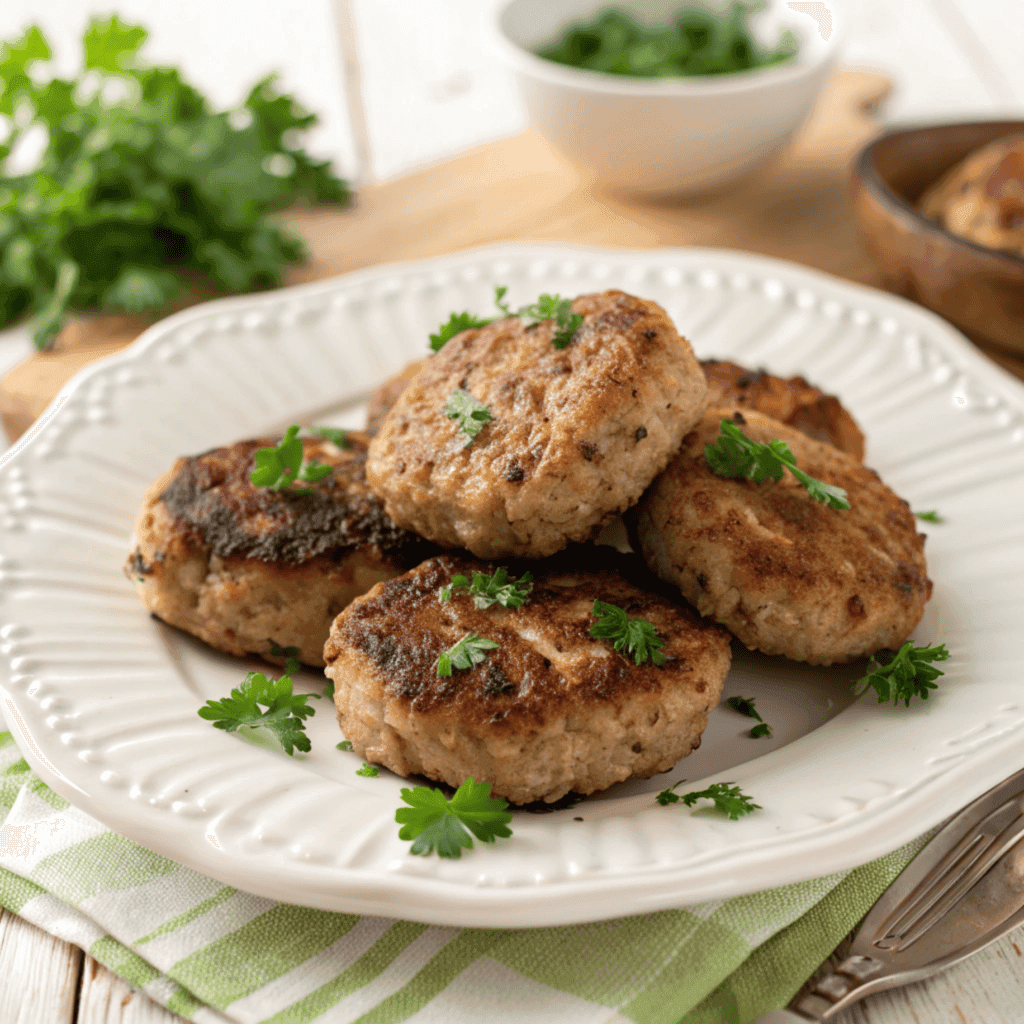 German frikadellen shown from a slightly different angle with parsley garnish.