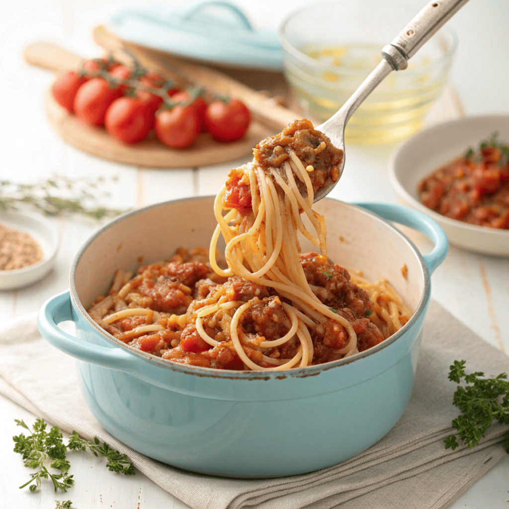 Spaghetti with meat sauce shown from a slightly different angle with tongs lifting pasta.
