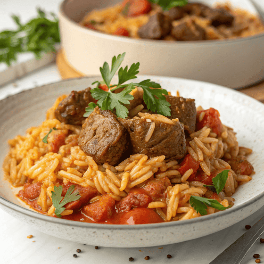 Beef giouvetsi on a dish showing tomato-coated orzo and tender beef pieces.