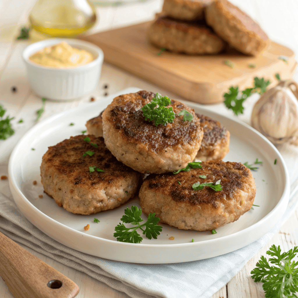 German frikadellen on a plate showing golden-brown seared patties with parsley.