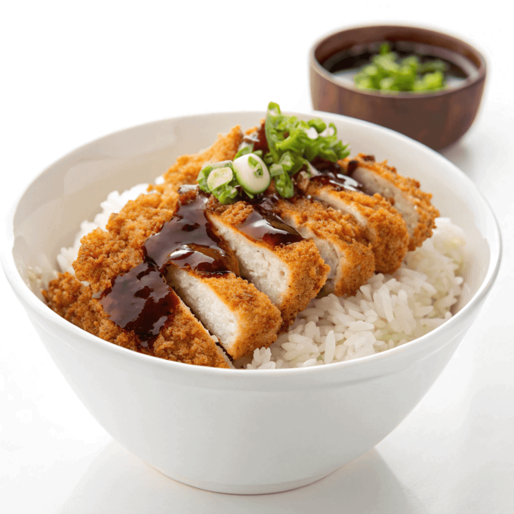 Chicken katsu bowl showing rice, crispy chicken, sauce, and green onions.