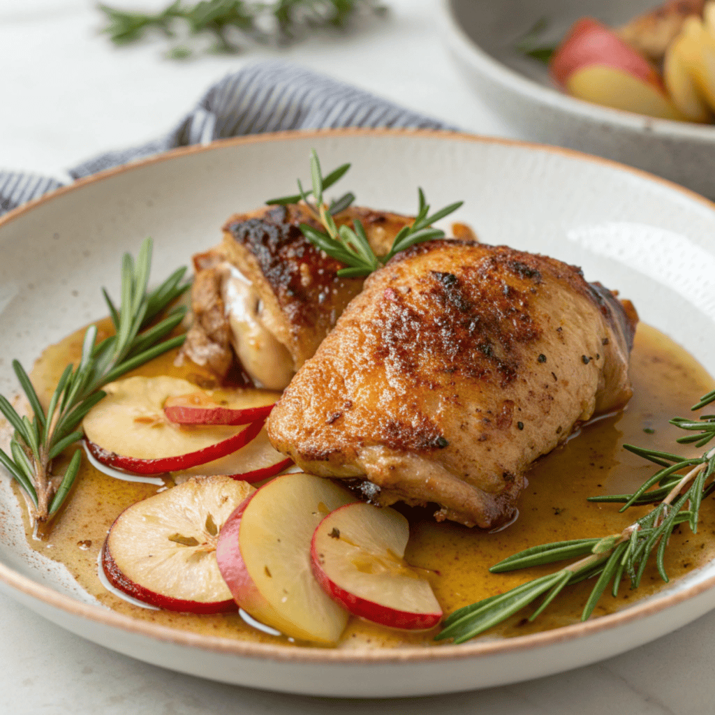 Plated rosemary apple cider chicken with apples, rosemary, and cider sauce.