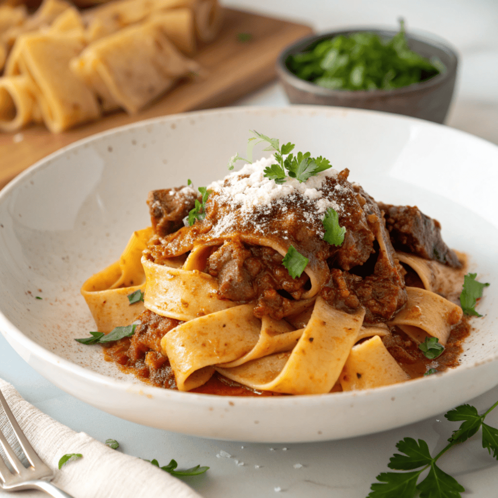 Short rib ragu pasta on a dish showing pappardelle, shredded beef, and sauce.