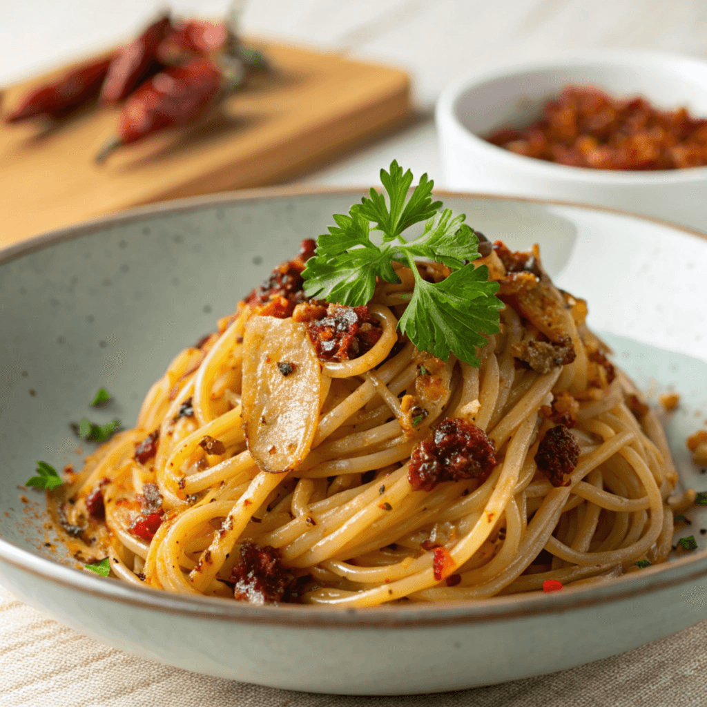Onion chili oil pasta served on a dish with glossy noodles, onions, and chili flakes.