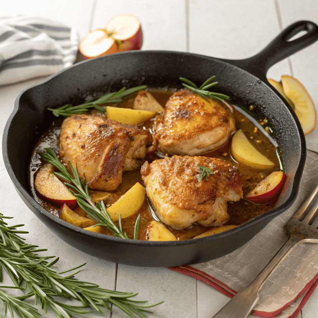 Rosemary apple cider chicken shown from a slightly different angle with apples and rosemary.