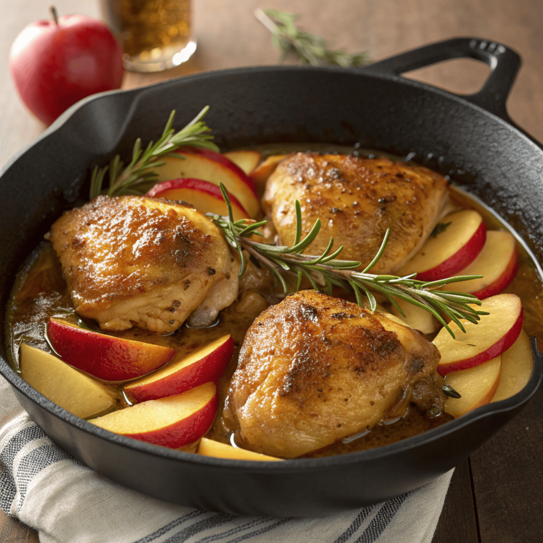 Skillet of rosemary apple cider chicken with apples and rosemary in a golden pan sauce.