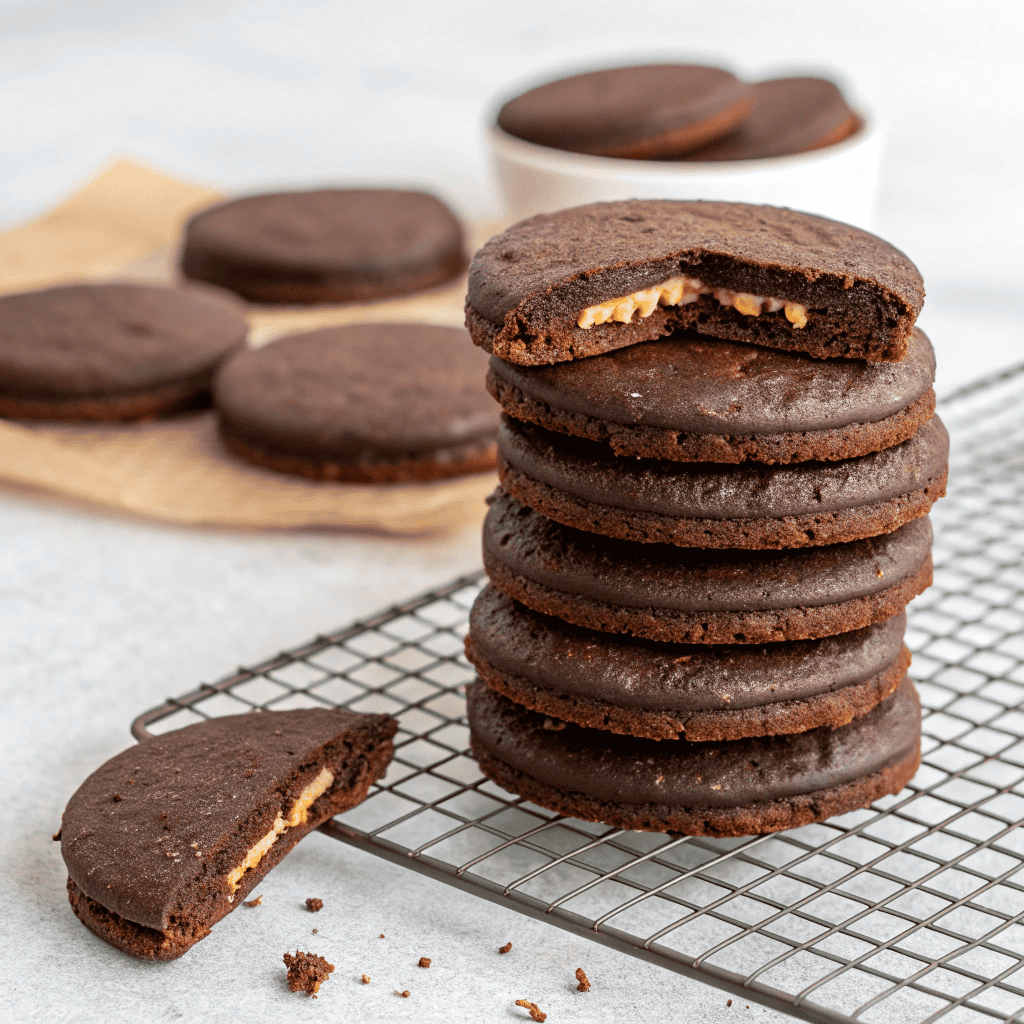 Stack of chocolate shortbread cookies with one bitten cookie on top, centered with sharp natural lighting.