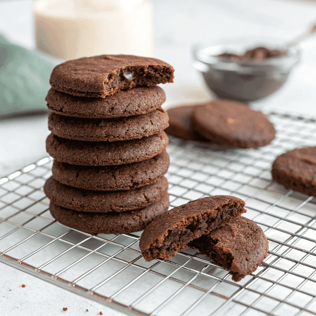 Chocolate shortbread cookie stack shown from a slightly different angle with the same textures and colors.