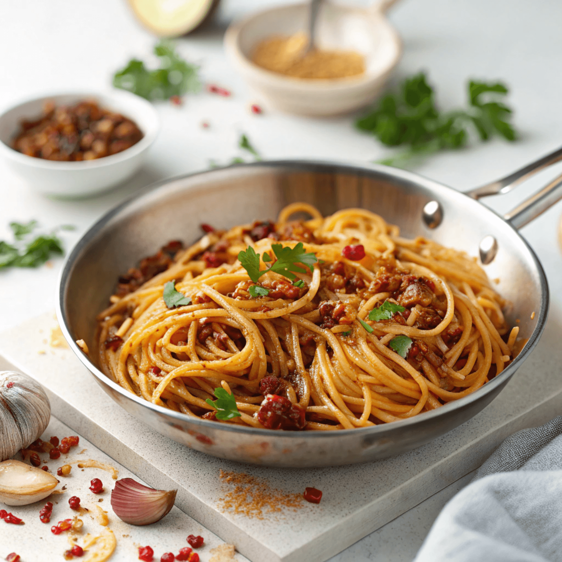 Pan of spaghetti coated in onion chili oil sauce with caramelized onions, chili flakes, and parsley.