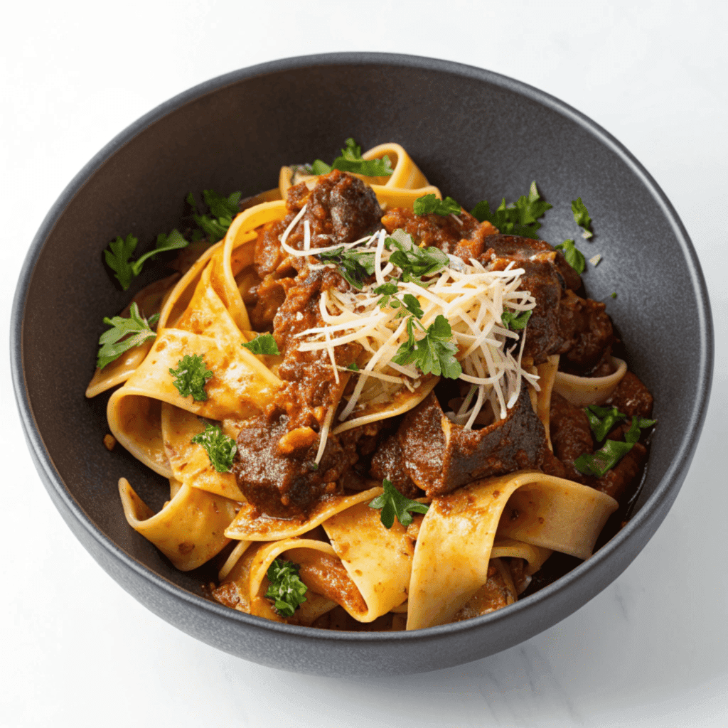 Top-view bowl of short rib ragu pappardelle with parsley and parmesan.