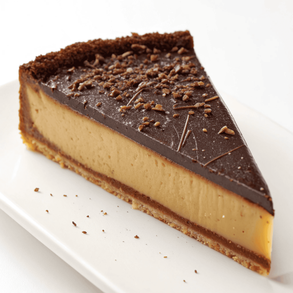 French chocolate flan slice on a plate showing its silky chocolate custard interior and chocolate topping.