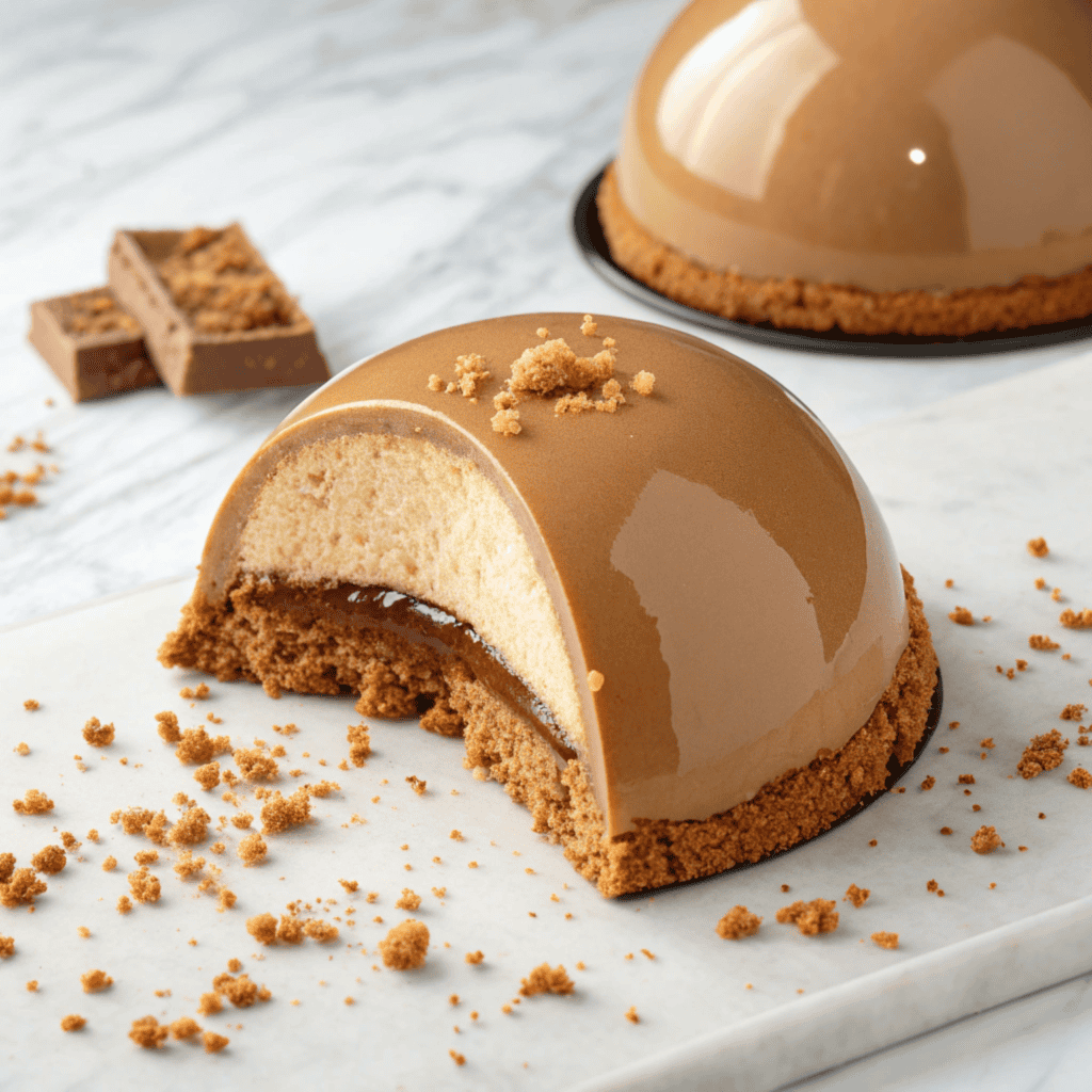 Fully assembled gingerbread latte mousse dome with bite cutaway and crumbs on a marble surface.