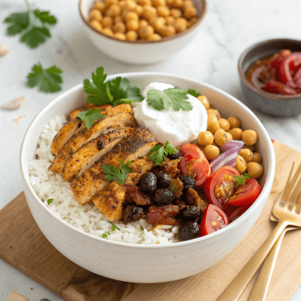 Syrian style chicken shown from another angle with yogurt and cilantro over rice.