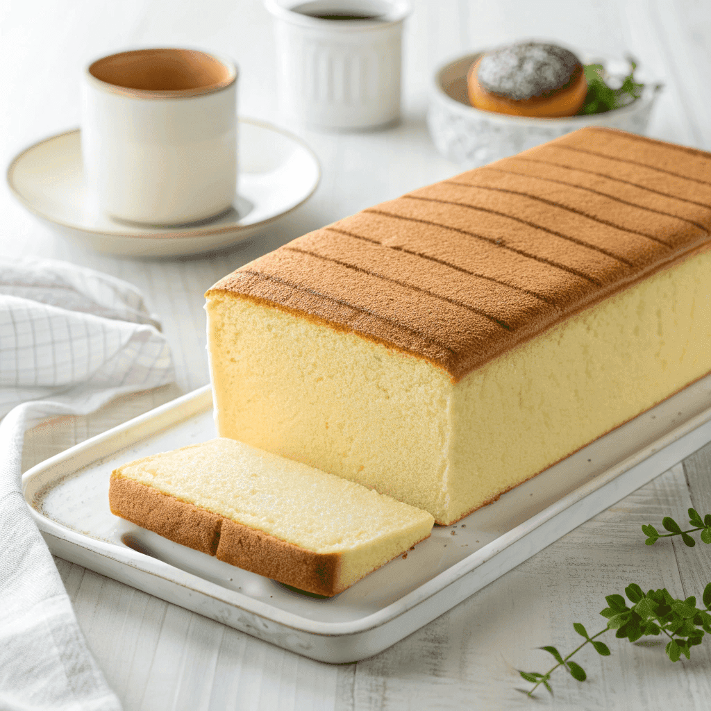 Taiwanese castella cake loaf with golden top and fluffy pale-yellow interior on a white plate.