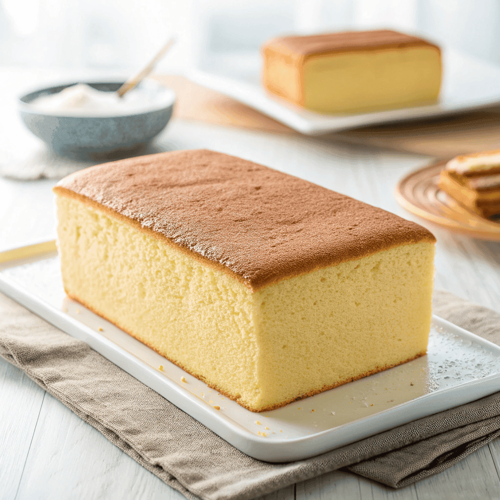 Taiwanese castella cake shown from a slightly different angle, highlighting its fluffy texture.