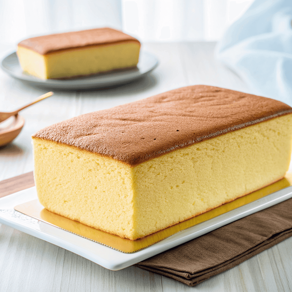 Taiwanese castella cake on a plate showing its light and fluffy sponge interior.