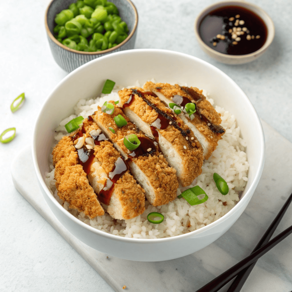 Top-view Japanese chicken katsu bowl with crispy chicken, sauce, and green onions.