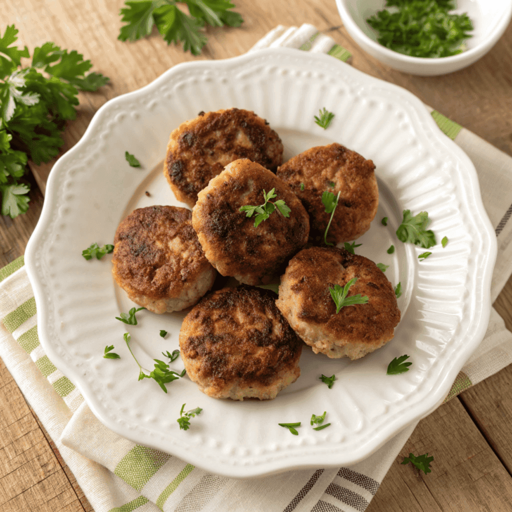 Top-view plate of German frikadellen with golden-brown seared patties and parsley.
