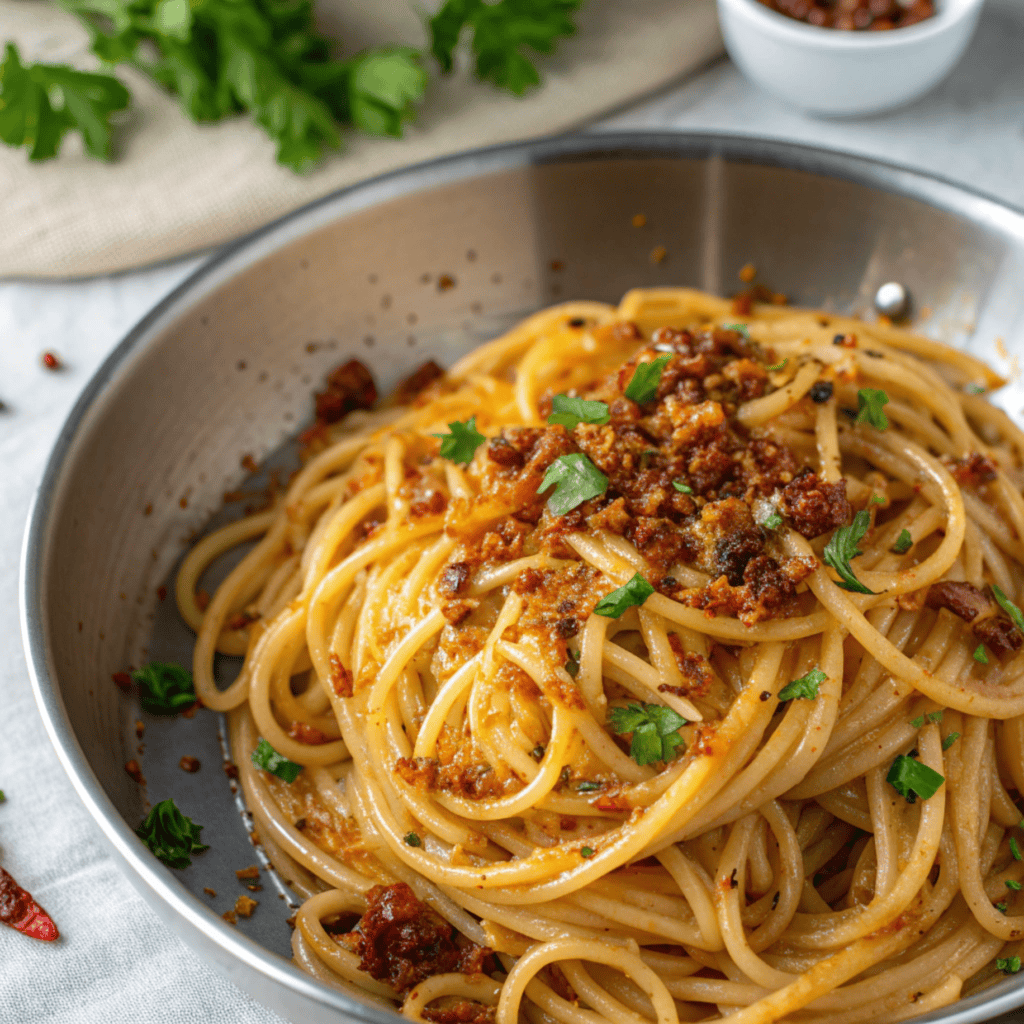 Top-view onion chili oil spaghetti with caramelized onions, chili oil, and parsley.