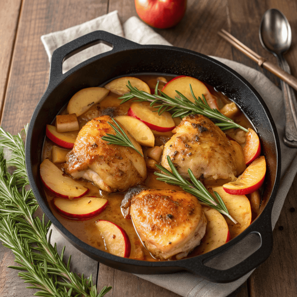 Top-view skillet of rosemary apple cider chicken with apples, rosemary, and cider sauce.