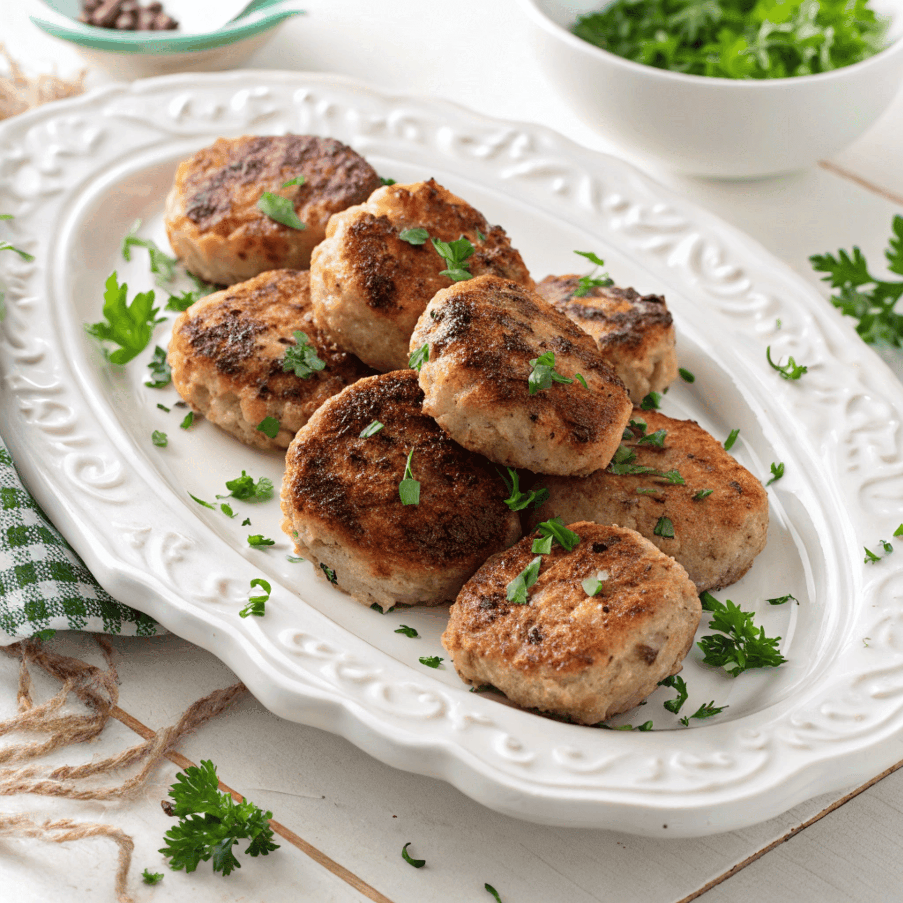 German frikadellen arranged on a white plate with parsley sprinkled on top.