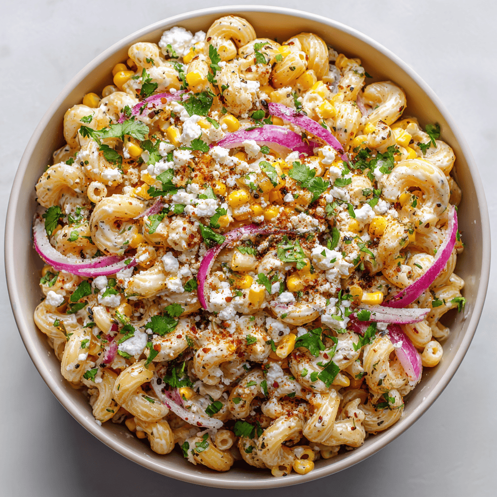 Mexican street corn pasta salad displayed in a wooden bowl on a clean surface.