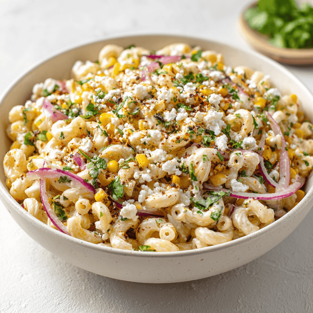 Mexican street corn pasta salad shown from a slightly angled view in a wooden bowl.
