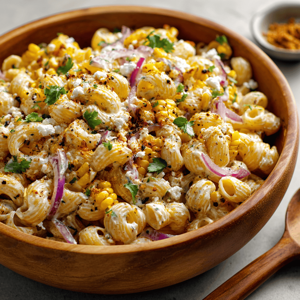 close up view of finished Mexican street corn pasta salad in a wooden bowl.