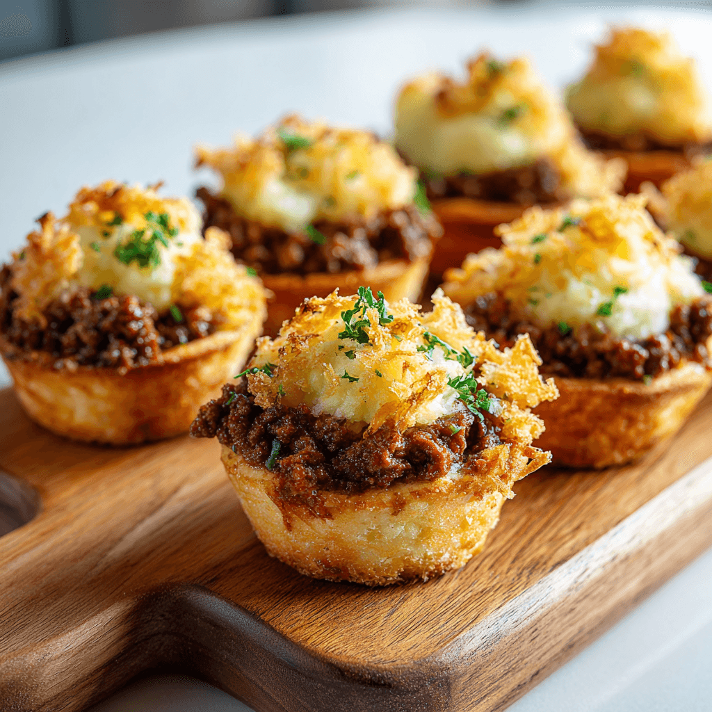 Mini Shepherd’s Pies – Easy Comfort Food Recipe 4 mini shepherd’s pies with beef filling mashed potato topping and crushed chips on board