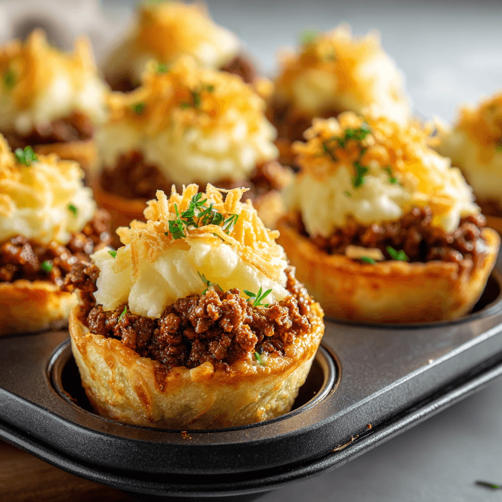 Mini Shepherd’s Pies – Easy Comfort Food Recipe 2 mini shepherd’s pies in baking tray showing beef filling and mashed potato topping