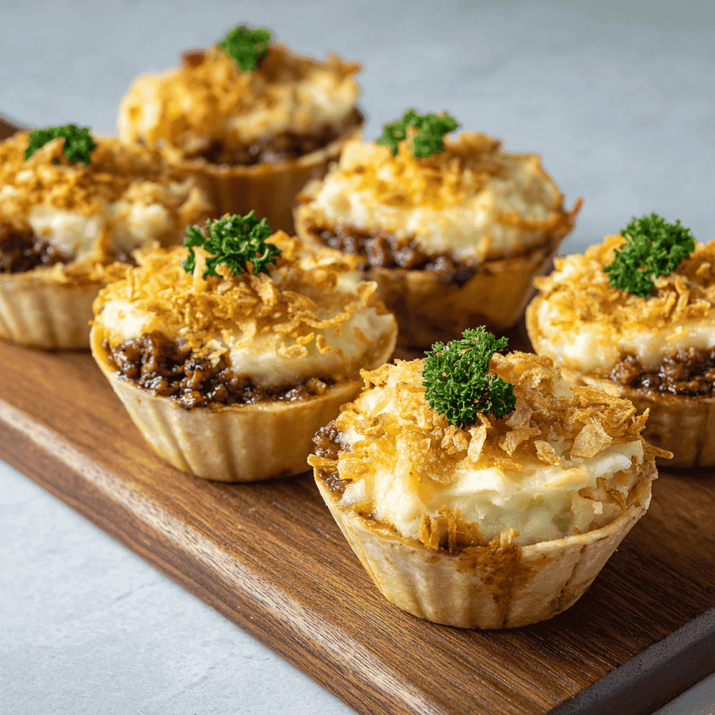 Mini Shepherd’s Pies – Easy Comfort Food Recipe 1 angled view of mini shepherd’s pies with mashed potato and crushed chip topping