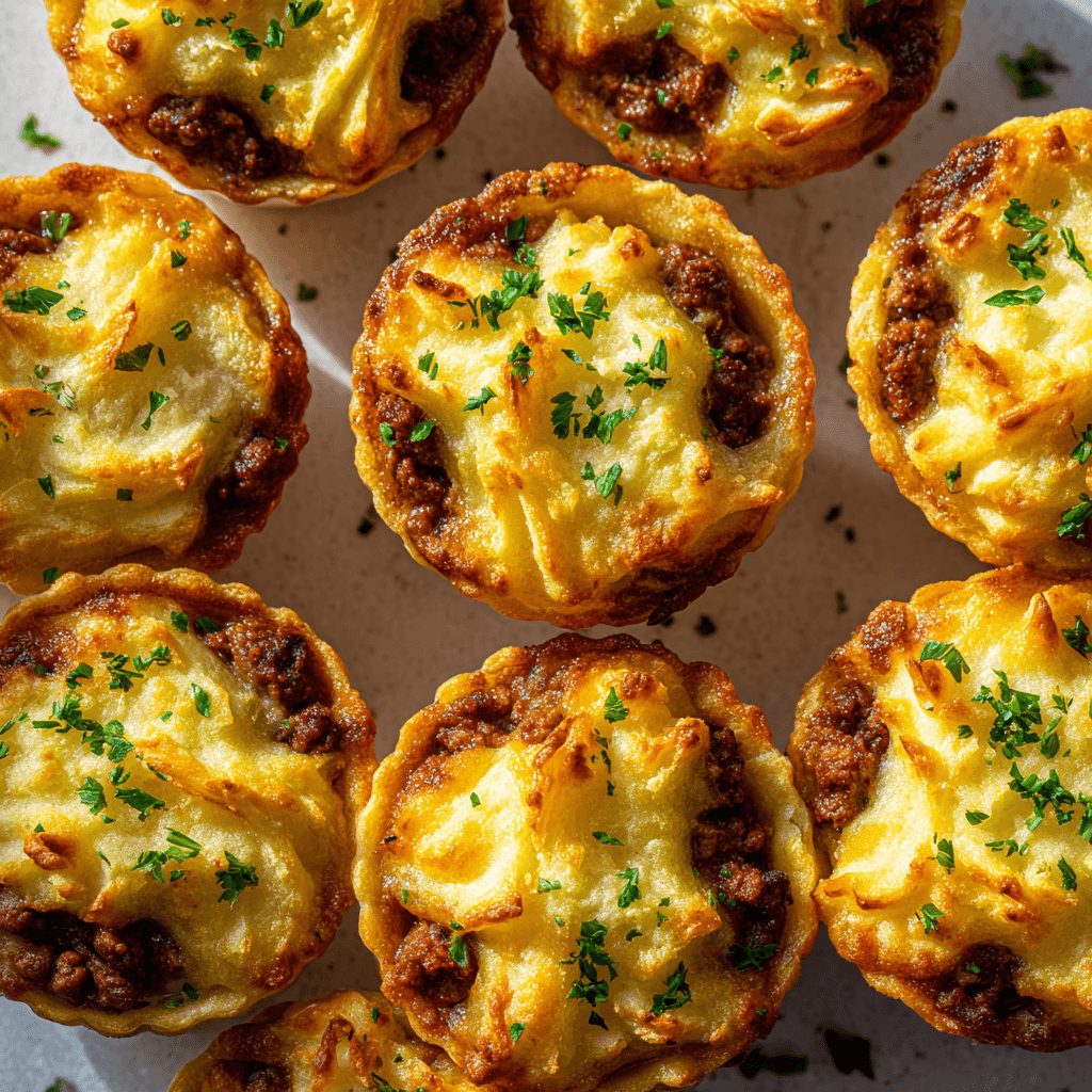 Mini Shepherd’s Pies – Easy Comfort Food Recipe 3 finished mini shepherd’s pies topped with mashed potato and crushed chips